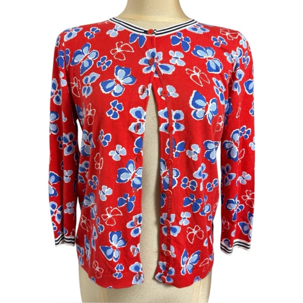Talbots Butterfly Print Cardigan Red Crewneck 3/4 Sleeve Sweater M